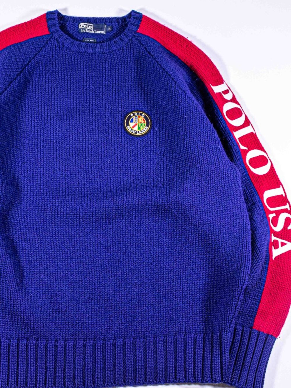 Vintage Polo Ralph Lauren Cookie Crest USA Knit Sweater XL Made in USA Wool 80s